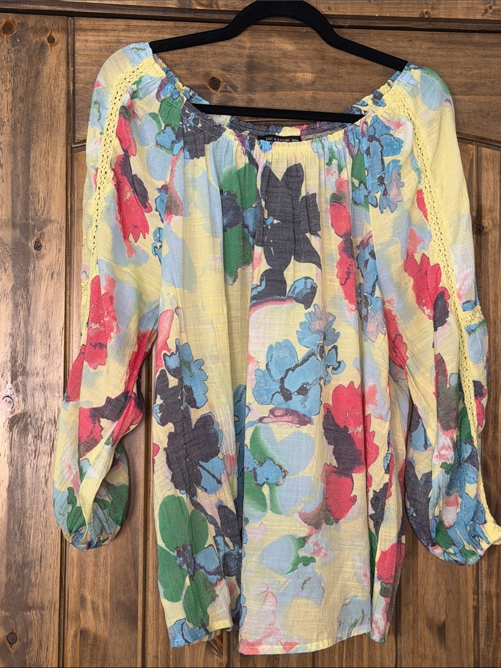Zac & Rachel Yellow Floral Peasant Top with Multicolor Blooms